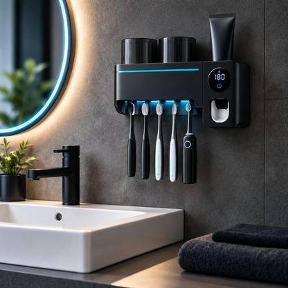 XLIMIT Smart Dental Dock mounted above a bathroom basin with five toothbrush positions and dual cup storage