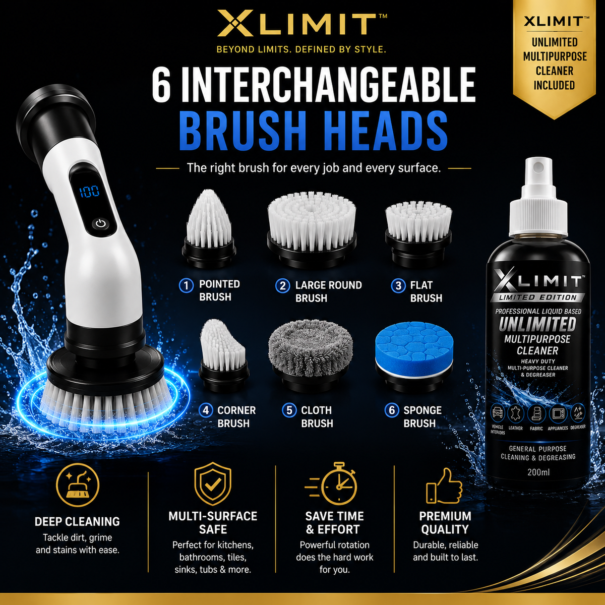 XLIMIT Ultimate Scrubber six interchangeable brush heads with Unlimited Multipurpose Cleaner
