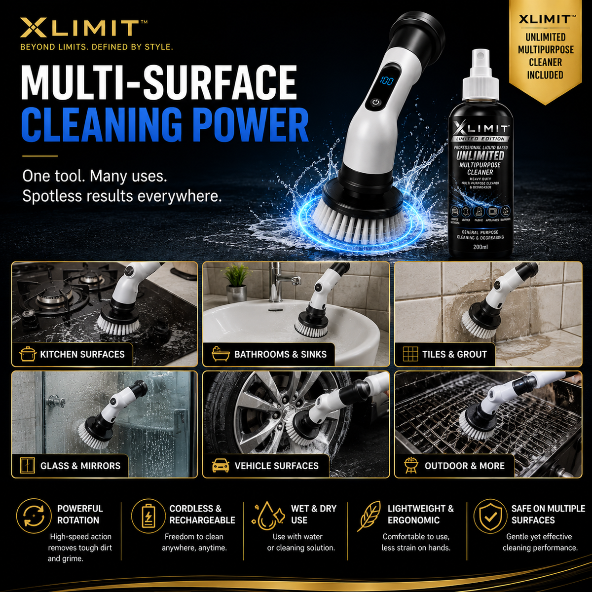 XLIMIT Ultimate Scrubber multi-surface cleaning for kitchens bathrooms tiles and vehicle surfaces
