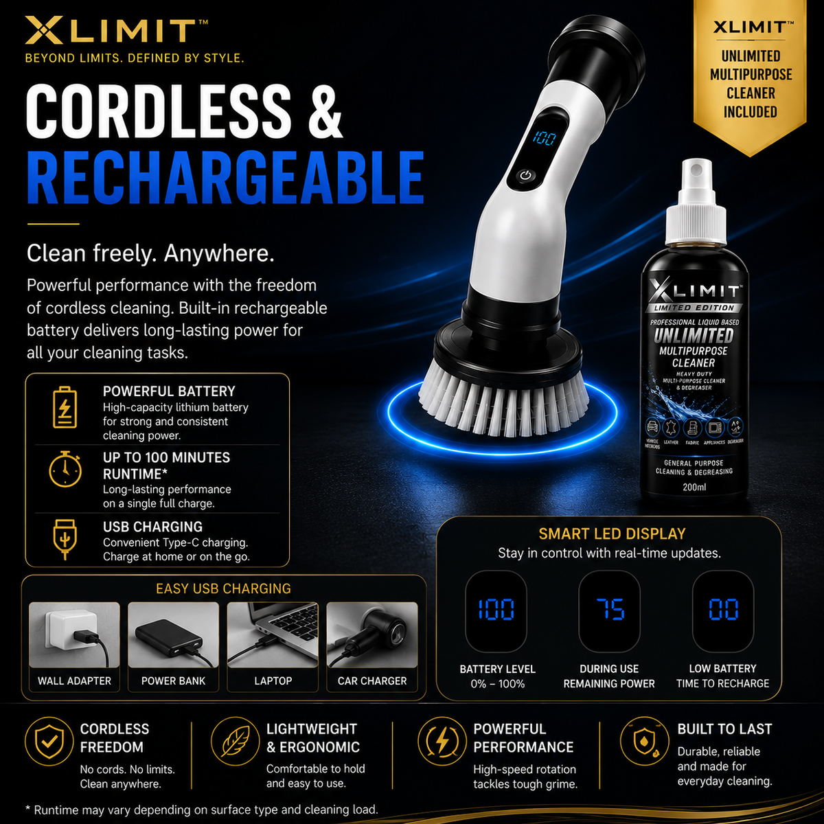 XLIMIT Ultimate Scrubber cordless rechargeable electric cleaning brush with USB-C charging