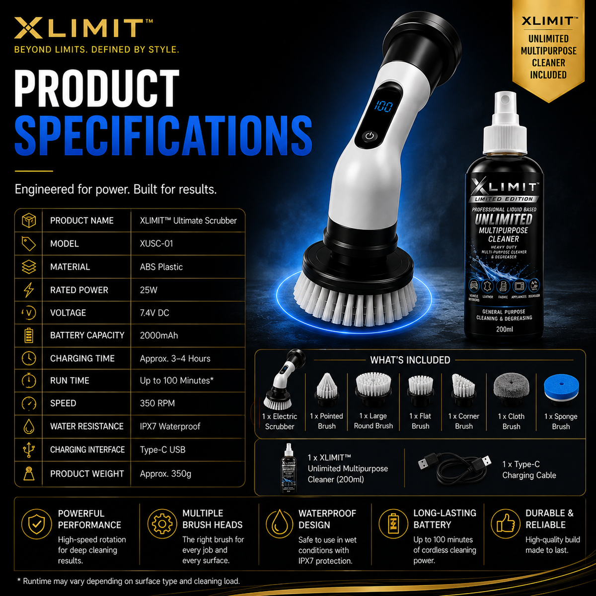 XLIMIT Ultimate Scrubber product specifications six brush heads 200ml multipurpose cleaner