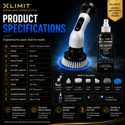 XLIMIT Ultimate Scrubber product specifications six brush heads 200ml multipurpose cleaner