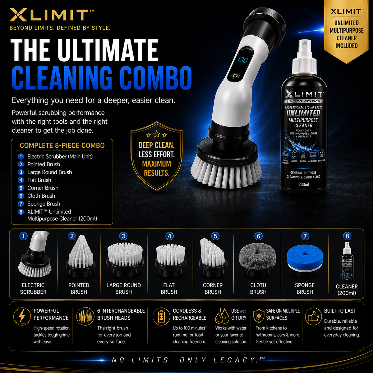 XLIMIT Ultimate Scrubber complete cleaning combo with cordless scrubber six brush heads and 200ml cleaner
