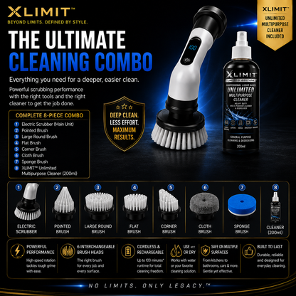 XLIMIT Ultimate Scrubber complete cleaning combo with cordless scrubber six brush heads and 200ml cleaner