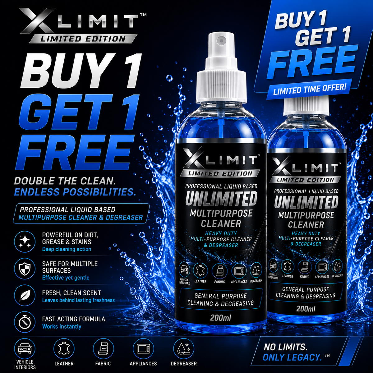XLIMIT Buy 1 Get 1 Free multipurpose cleaner offer with two 200 ml cleaning bottles