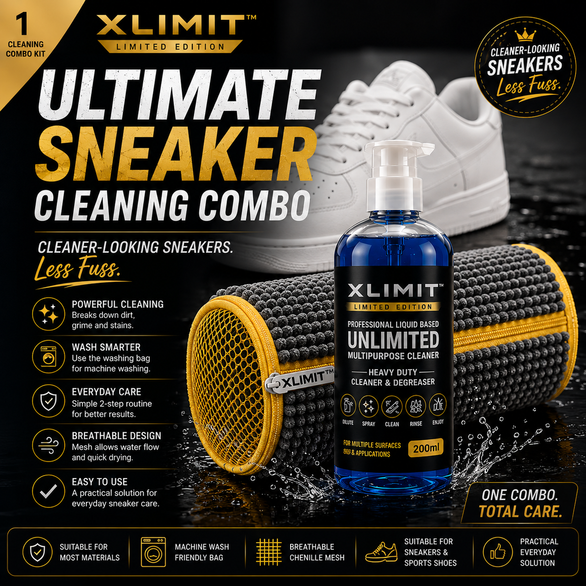 XLIMIT Ultimate Sneaker Cleaning Combo before and after white sneaker cleaning showing a cleaner-looking result