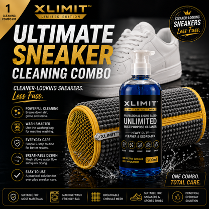 XLIMIT Ultimate Sneaker Cleaning Combo before and after white sneaker cleaning showing a cleaner-looking result