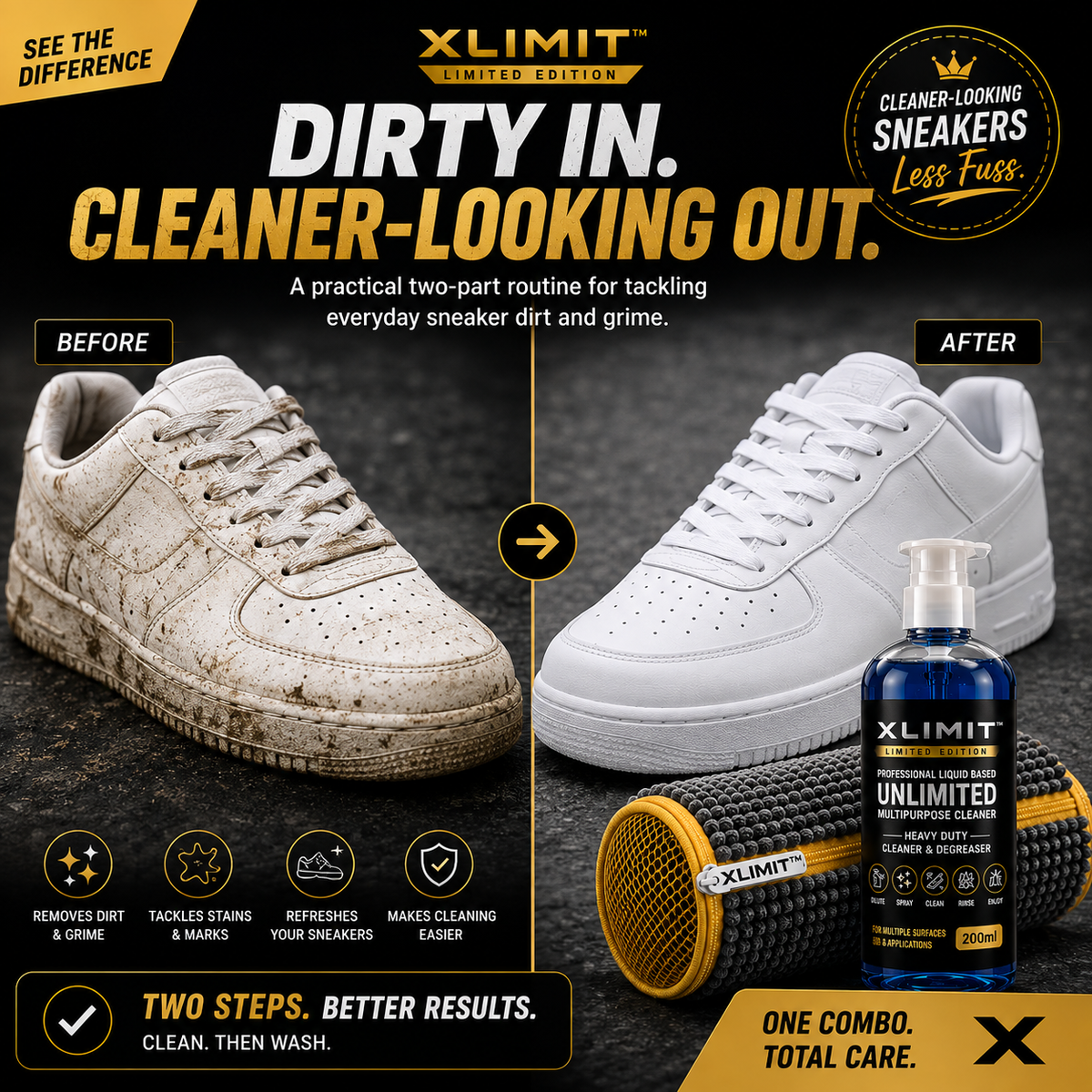 XLIMIT sneaker cleaning combo with different white sneaker styles for practical everyday sneaker care