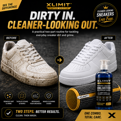 XLIMIT sneaker cleaning combo with different white sneaker styles for practical everyday sneaker care