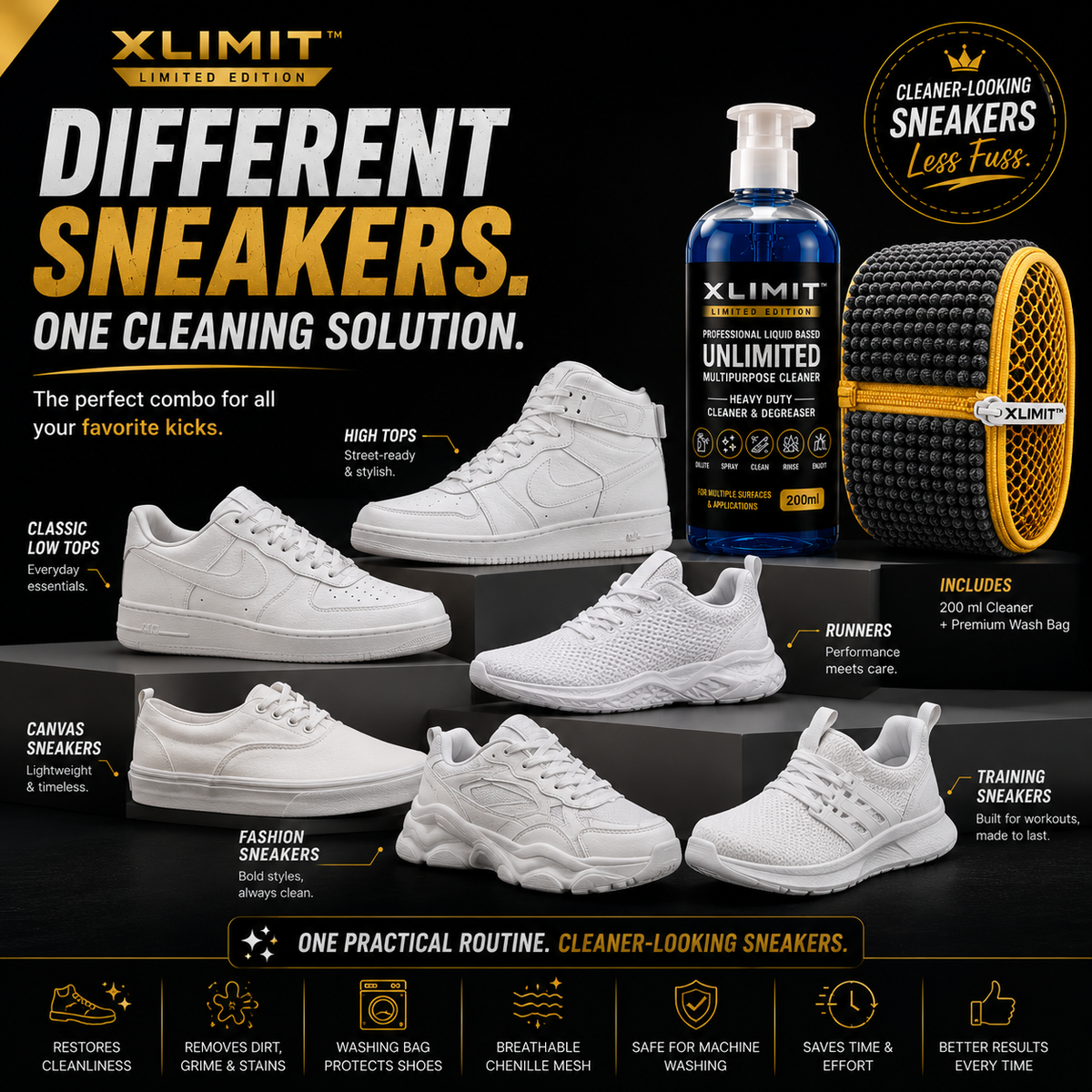 XLIMIT chenille sneaker washing bag with white shoe for machine washing and a more convenient sneaker-care routine