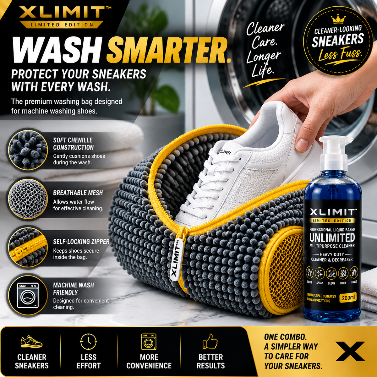 XLIMIT two-step sneaker cleaning routine showing multipurpose cleaner followed by washing shoes in the sneaker bag