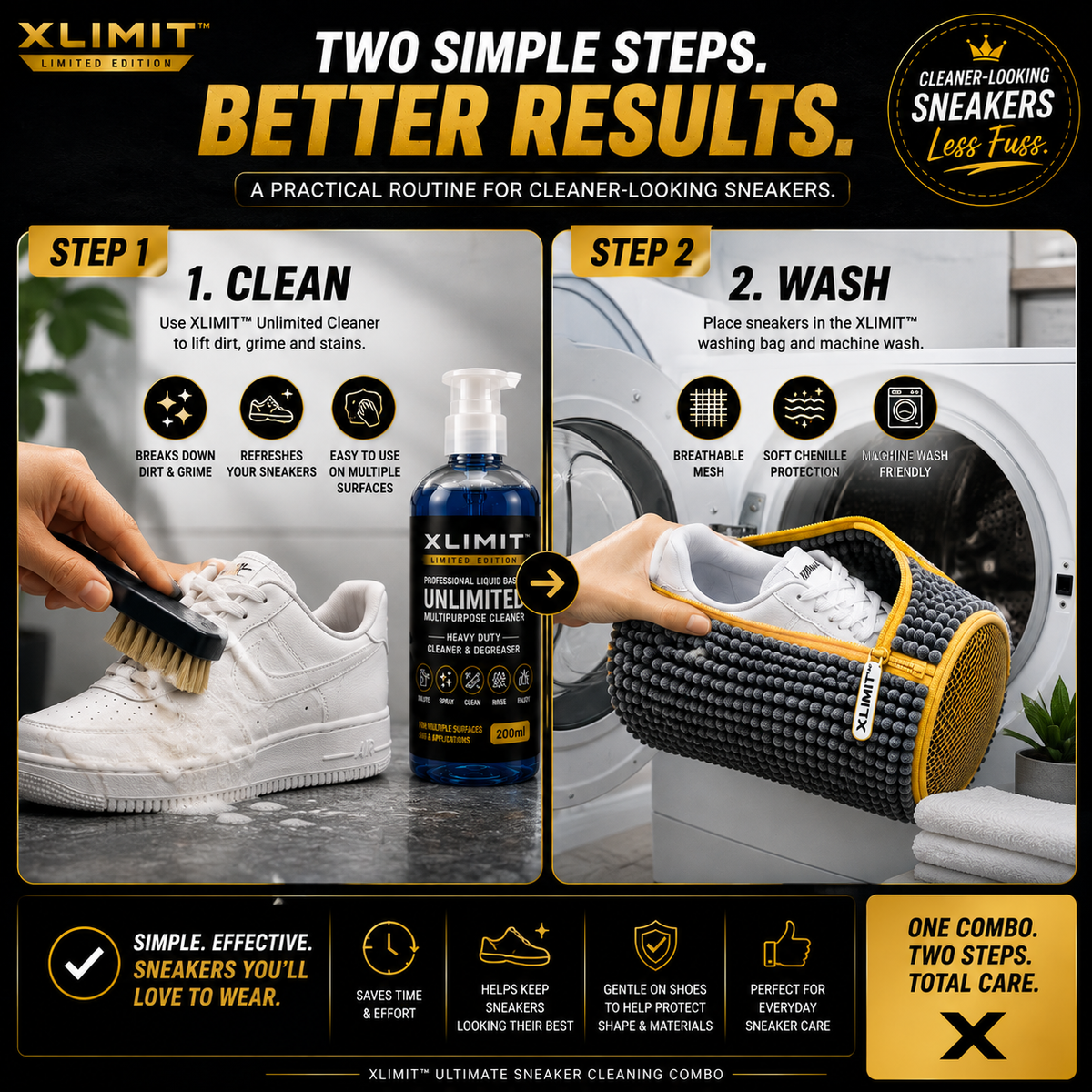 XLIMIT sneaker washing bag and 200 ml multipurpose cleaner with clean white sneakers ready for everyday wear