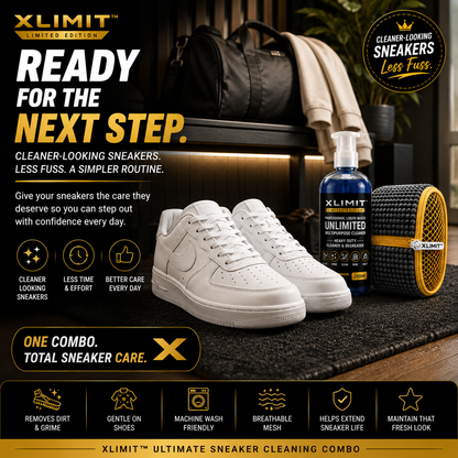 XLIMIT Ultimate Sneaker Cleaning Combo lifestyle image showing cleaner-looking white sneakers with washing bag and 200 ml cleaner
