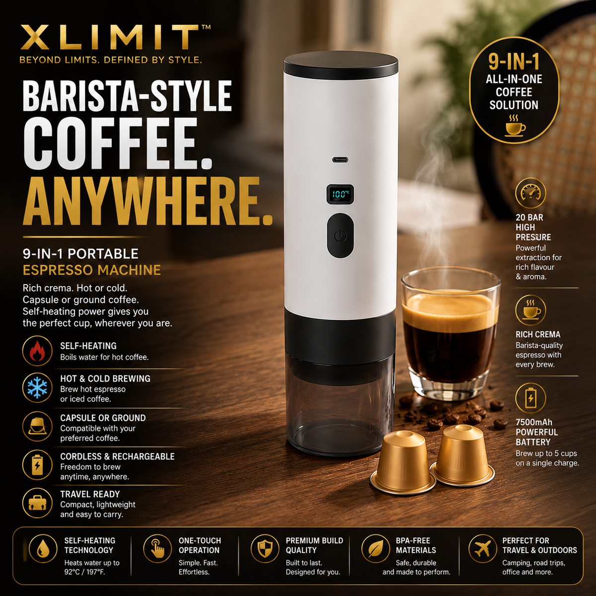 XLIMIT portable espresso coffee machine for home, travel and camping
