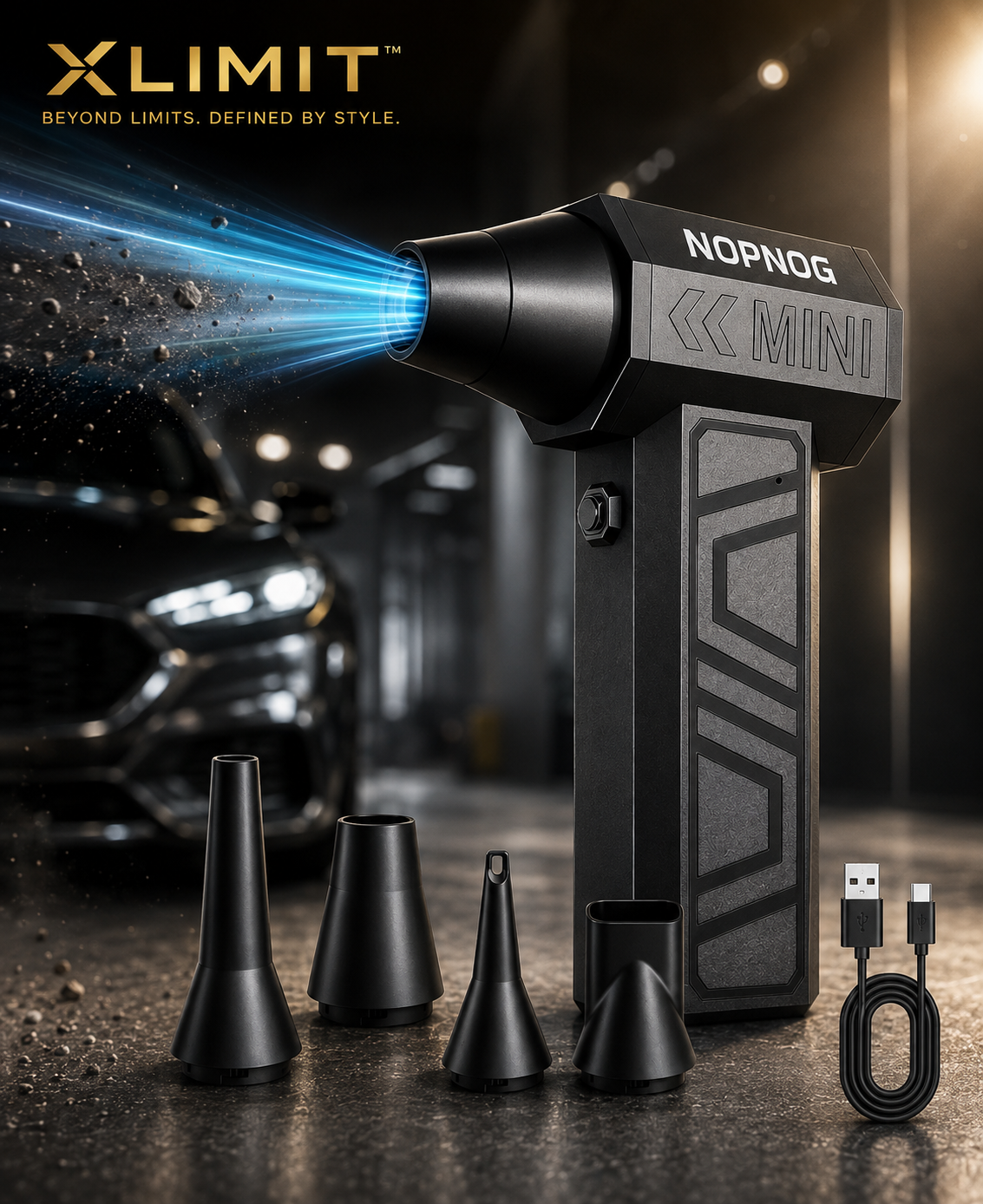 XLIMIT premium cordless mini jet blower with attachments and USB charging cable