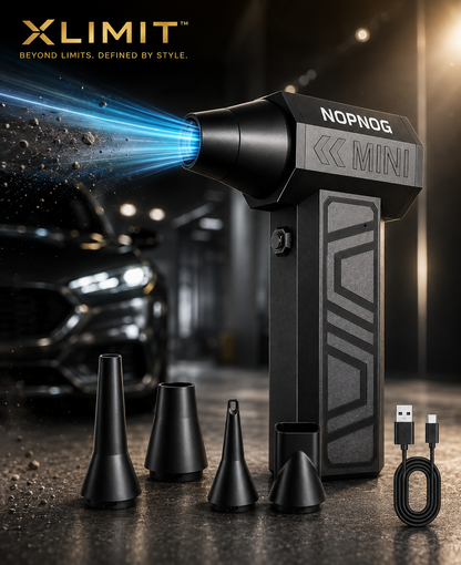 XLIMIT premium cordless mini jet blower with attachments and USB charging cable