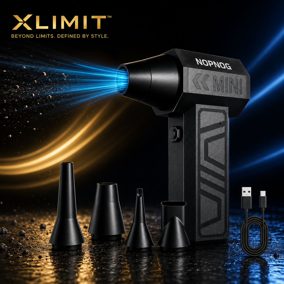 XLIMIT cordless jet blower and vacuum with nozzle attachments for car, home and workshop cleaning