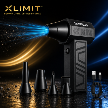 XLIMIT cordless jet blower and vacuum with nozzle attachments for car, home and workshop cleaning