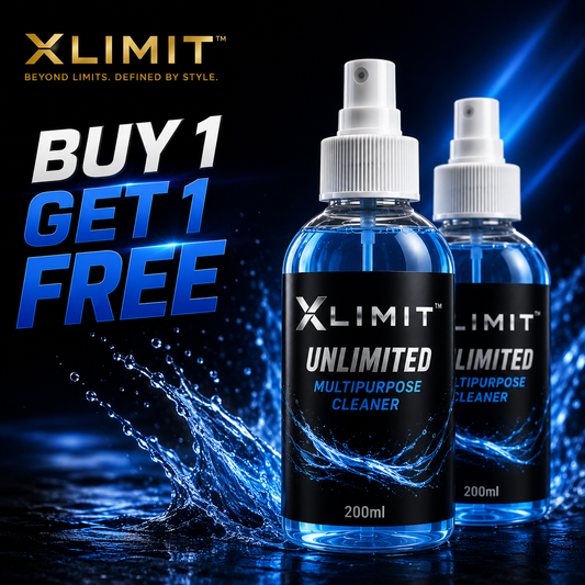 XLIMIT Unlimited Multipurpose Cleaner 200 ml Buy 1 Get 1 Free offer with two light-blue cleaner bottles