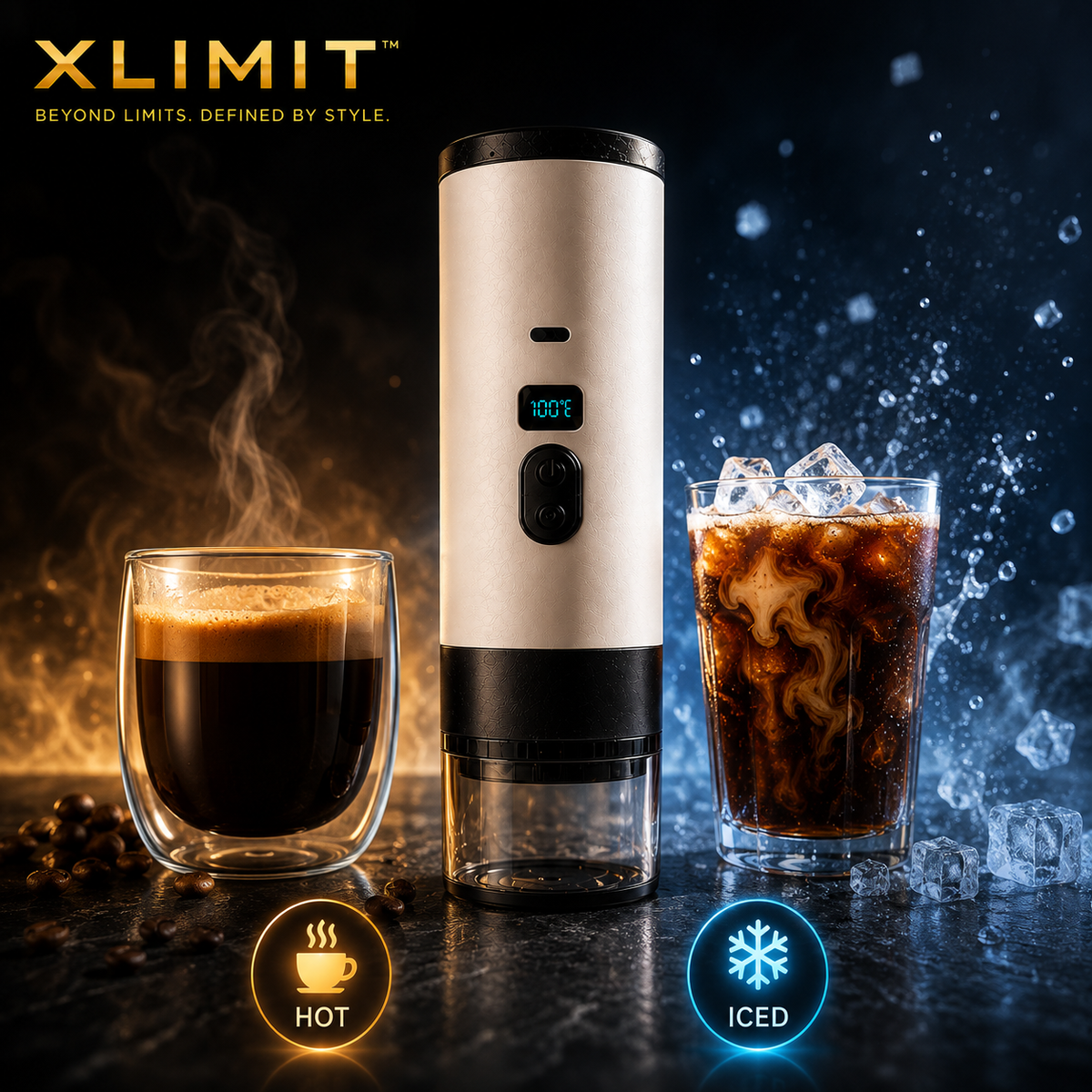 XLIMIT portable 20 Bar espresso coffee machine shown with hot coffee and iced coffee
