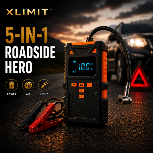 XLIMIT 5-in-1 roadside jump starter with 150 PSI air compressor, power bank, LED light and SOS signal