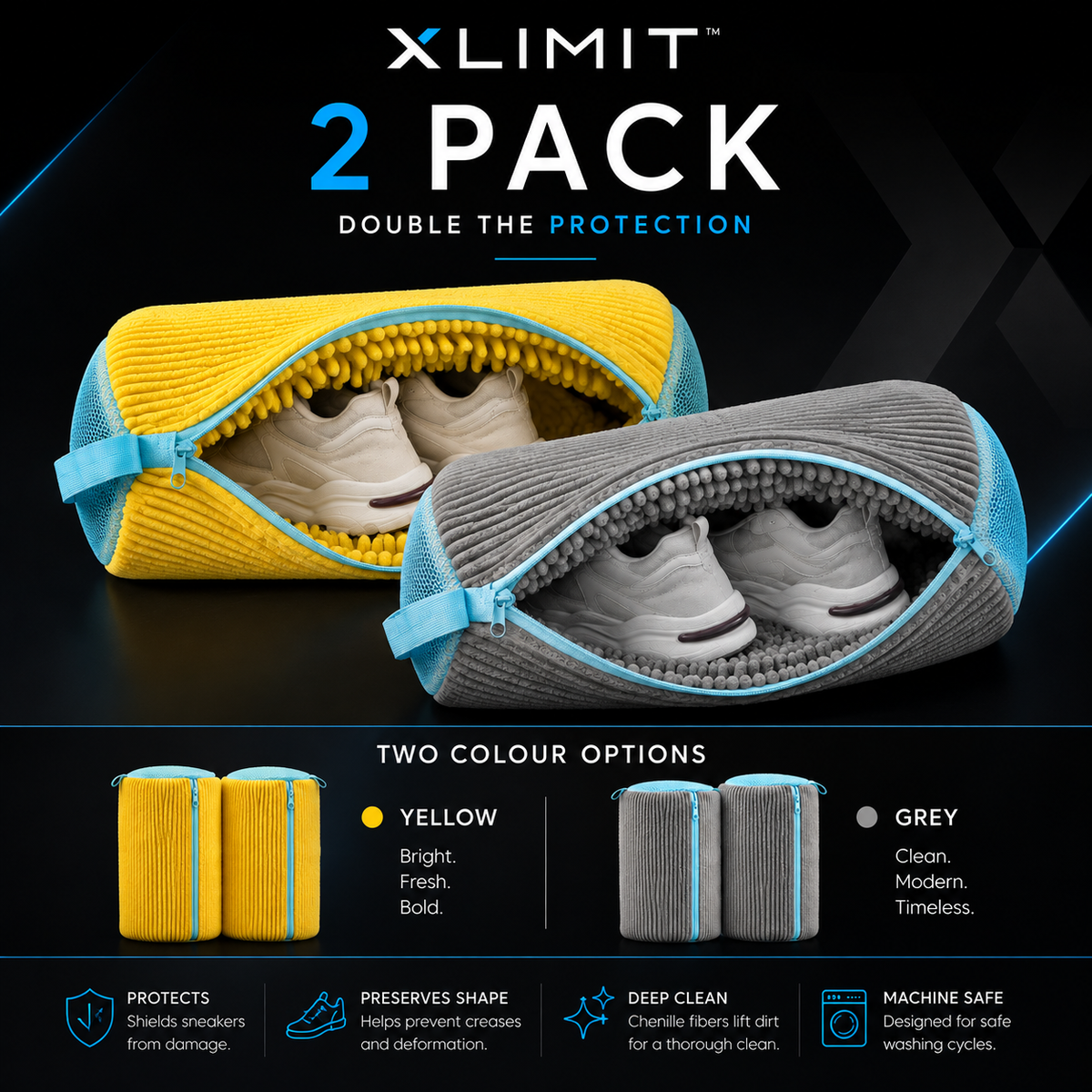 XLIMIT 2 pack sneaker washing bags available in Yellow or Grey