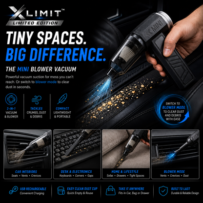 XLIMIT Mini Blower Vacuum for car interiors, keyboards, furniture and hard-to-reach spaces