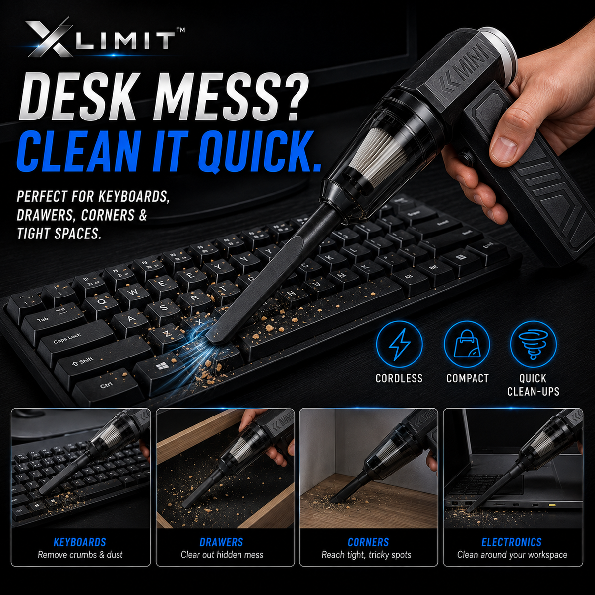 XLIMIT Mini Blower Vacuum cleaning crumbs and dust from keyboards, drawers and desk spaces
