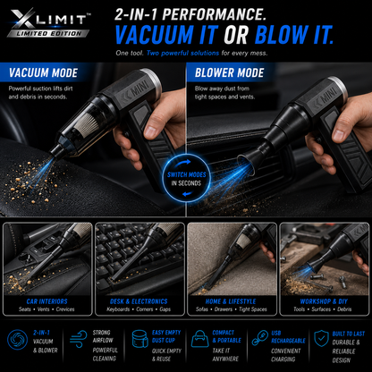 XLIMIT 2-in-1 Mini Blower Vacuum showing vacuum mode and blower mode