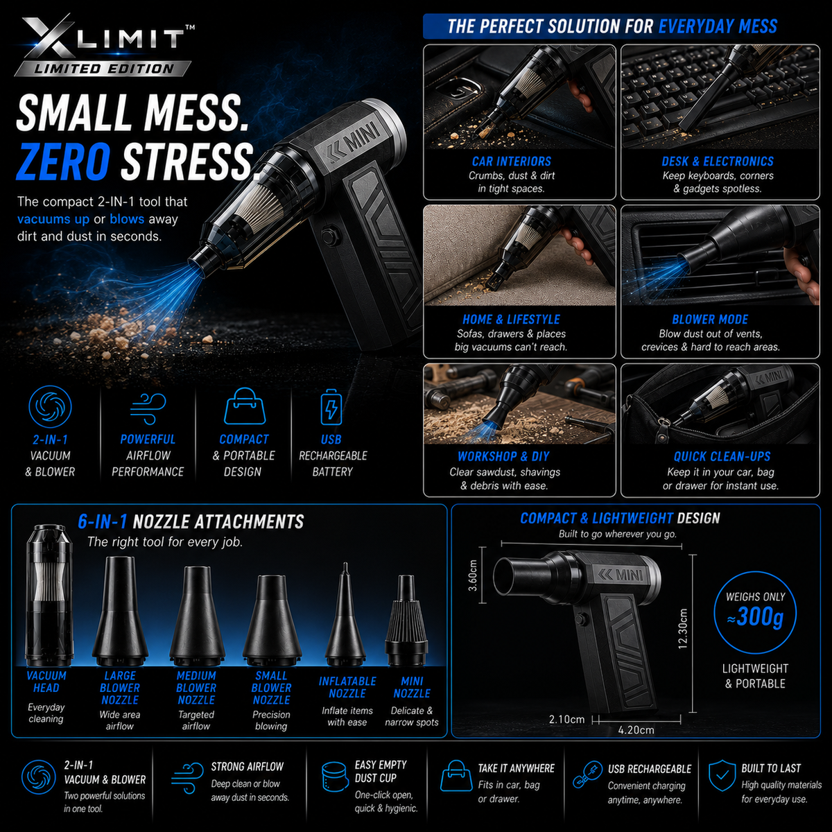 XLIMIT Mini Blower Vacuum with six nozzle attachments for everyday quick clean-ups