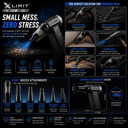 XLIMIT Mini Blower Vacuum with six nozzle attachments for everyday quick clean-ups