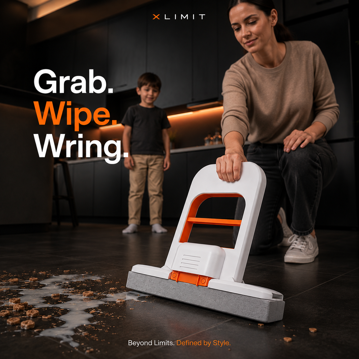 QuickWring mini mop with compact wringing design for kitchen and bathroom clean-ups