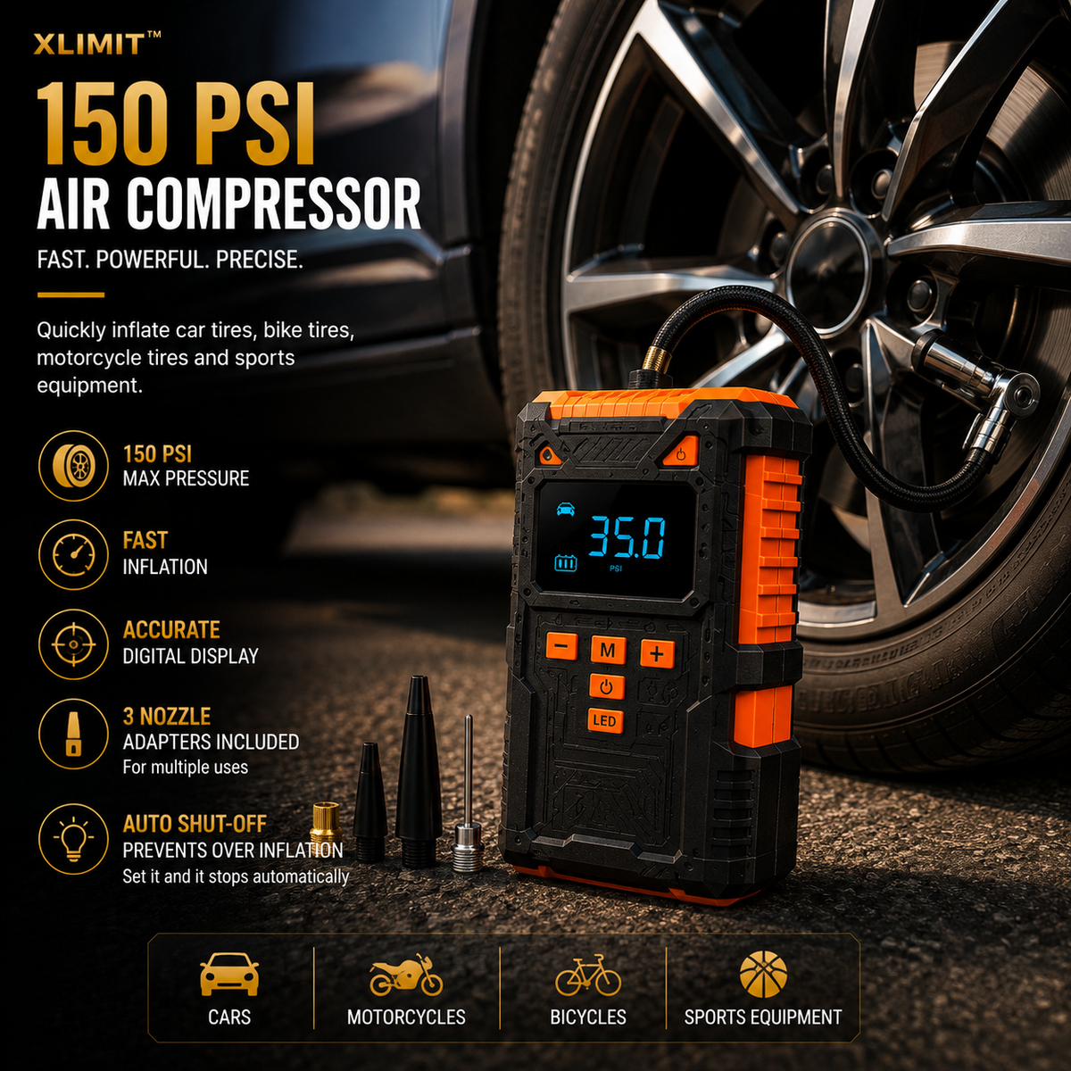 XLIMIT™ 150 PSI portable air compressor inflating a car tyre with digital pressure display