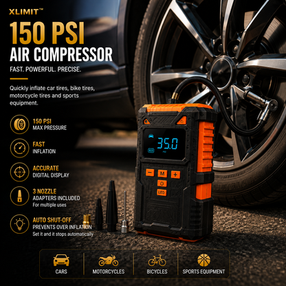 XLIMIT™ 150 PSI portable air compressor inflating a car tyre with digital pressure display