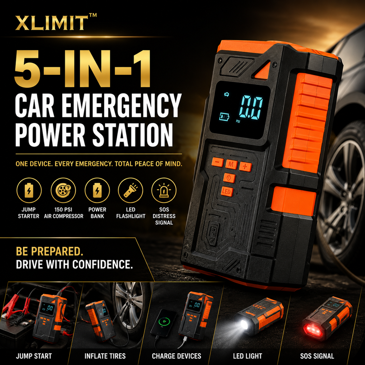 XLIMIT™ 5-in-1 portable car jump starter and 150 PSI air compressor for vehicle emergencies