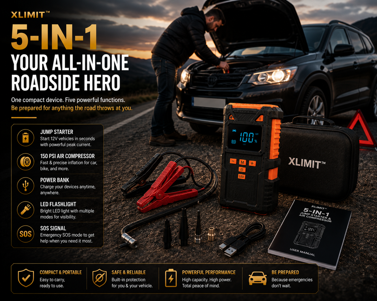 XLIMIT™ 5-in-1 roadside emergency power station for jump starting, tyre inflation, charging, lighting and SOS