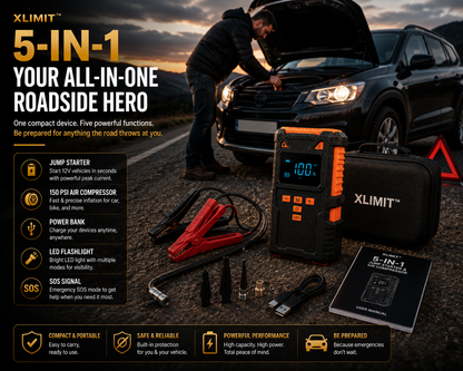 XLIMIT™ 5-in-1 roadside emergency power station for jump starting, tyre inflation, charging, lighting and SOS