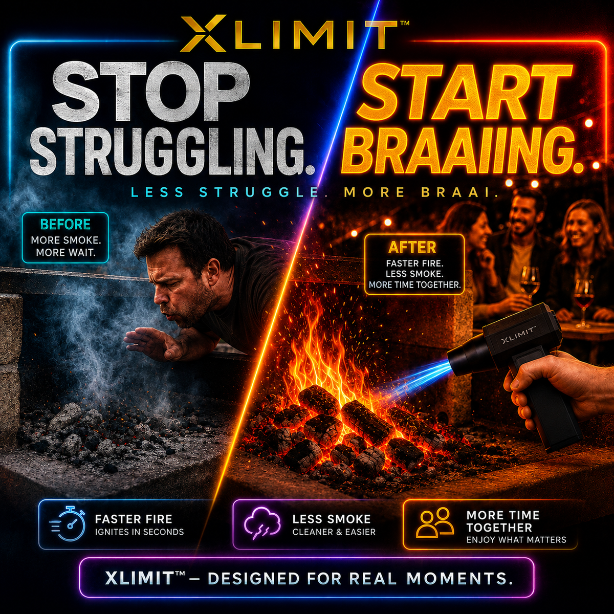 XLIMIT braai fire starter helping ignite charcoal faster with less smoke for an easier South African braai experience.