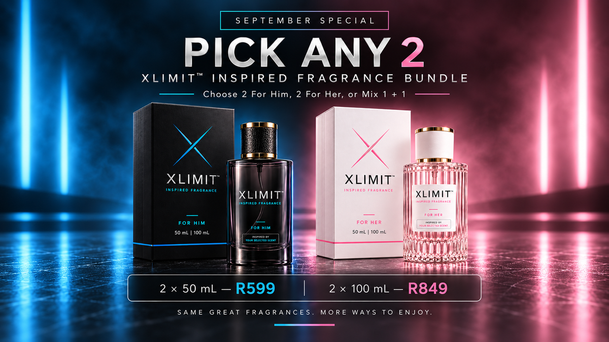 XLIMIT Pick Any 2 inspired fragrance bundle with men’s and women’s perfume boxes and bottles