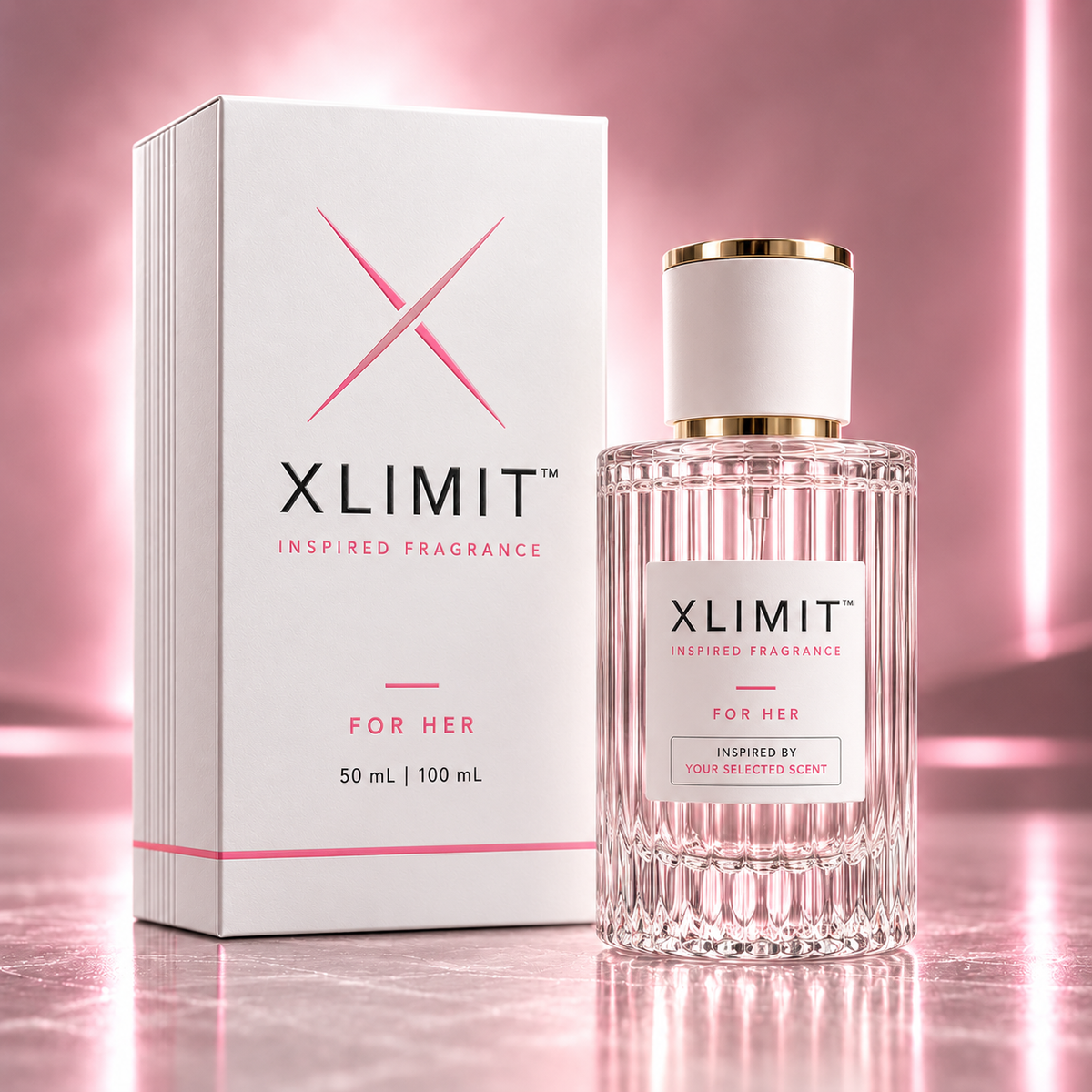 XLIMIT Inspired Fragrance Collection for Her clear perfume bottle and white box with pink accents