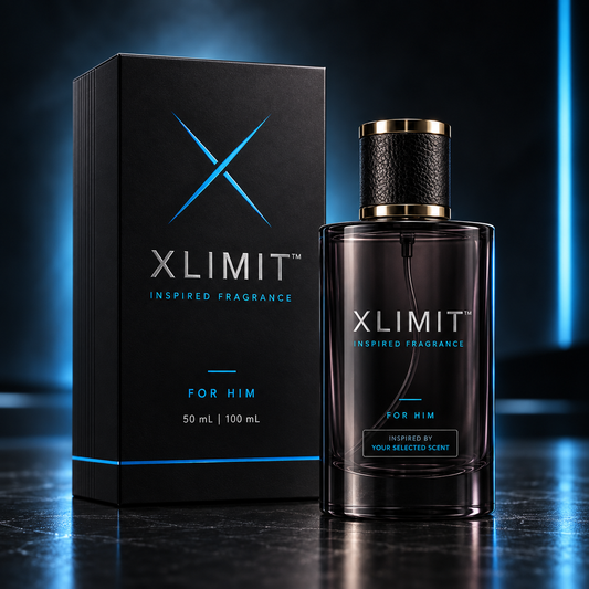 XLIMIT Inspired Fragrance Collection for Him black perfume bottle and black box with blue accents