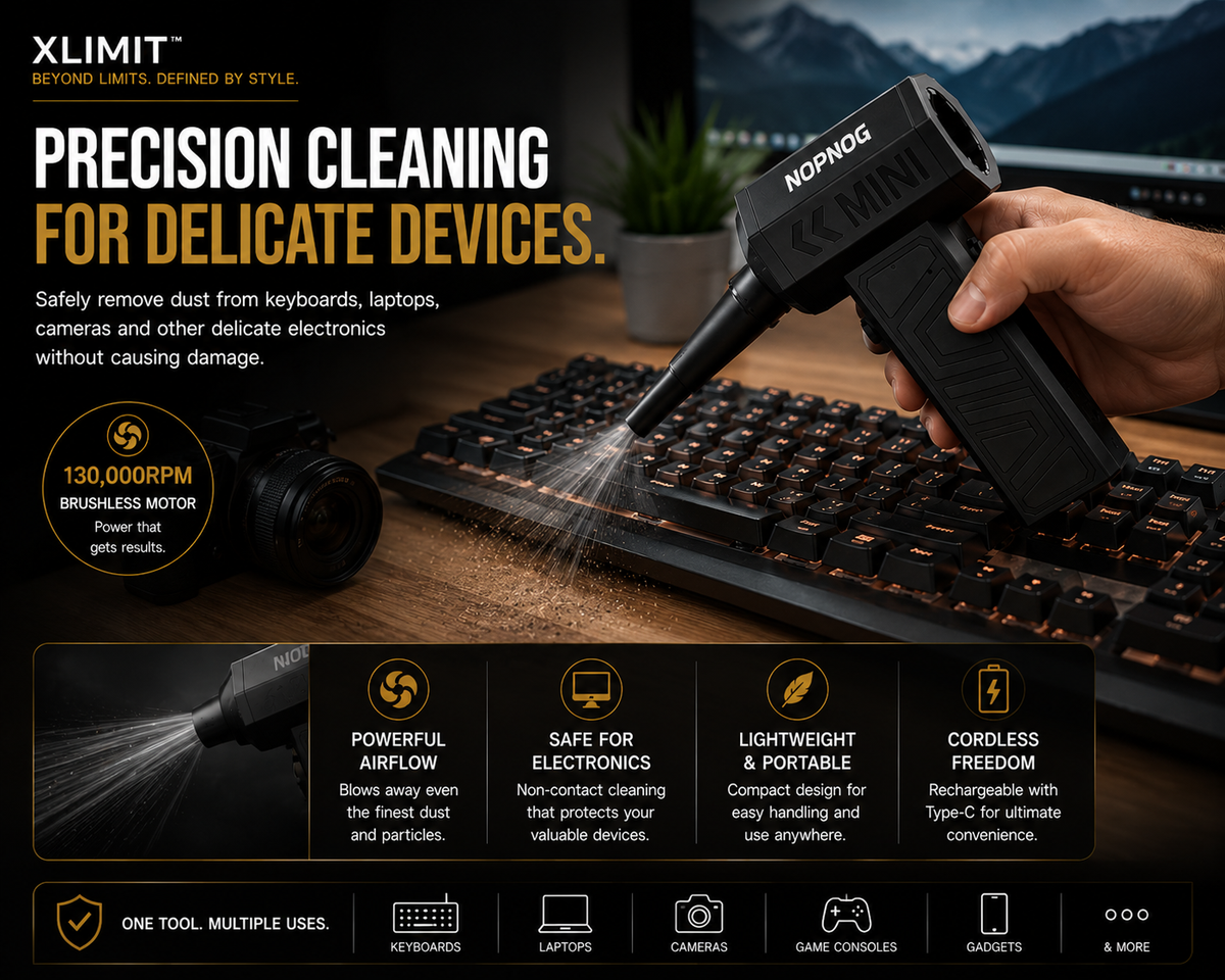 XLIMIT cordless jet blower clearing dust from household surfaces