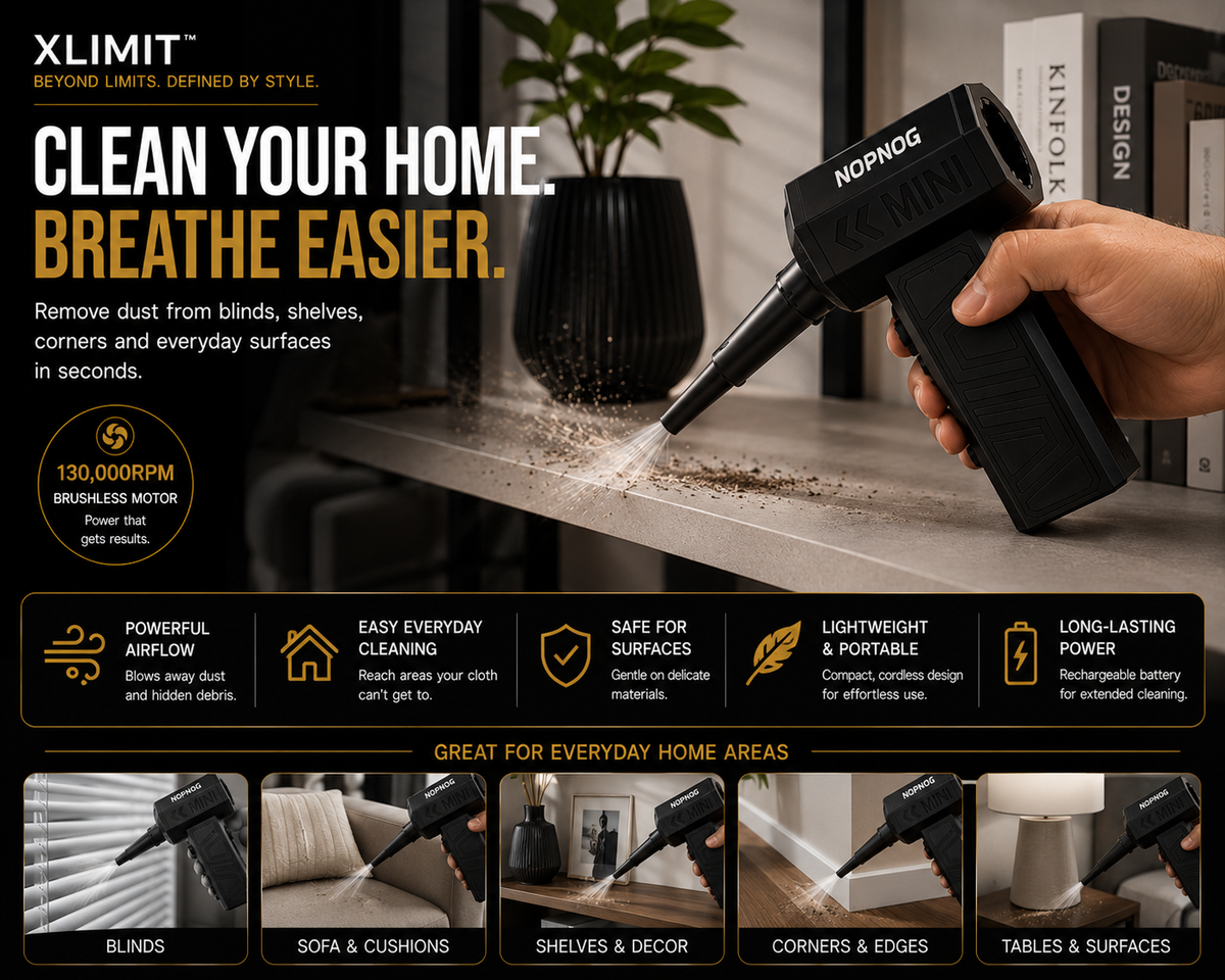 XLIMIT cordless jet blower clearing dust and debris from a workshop
