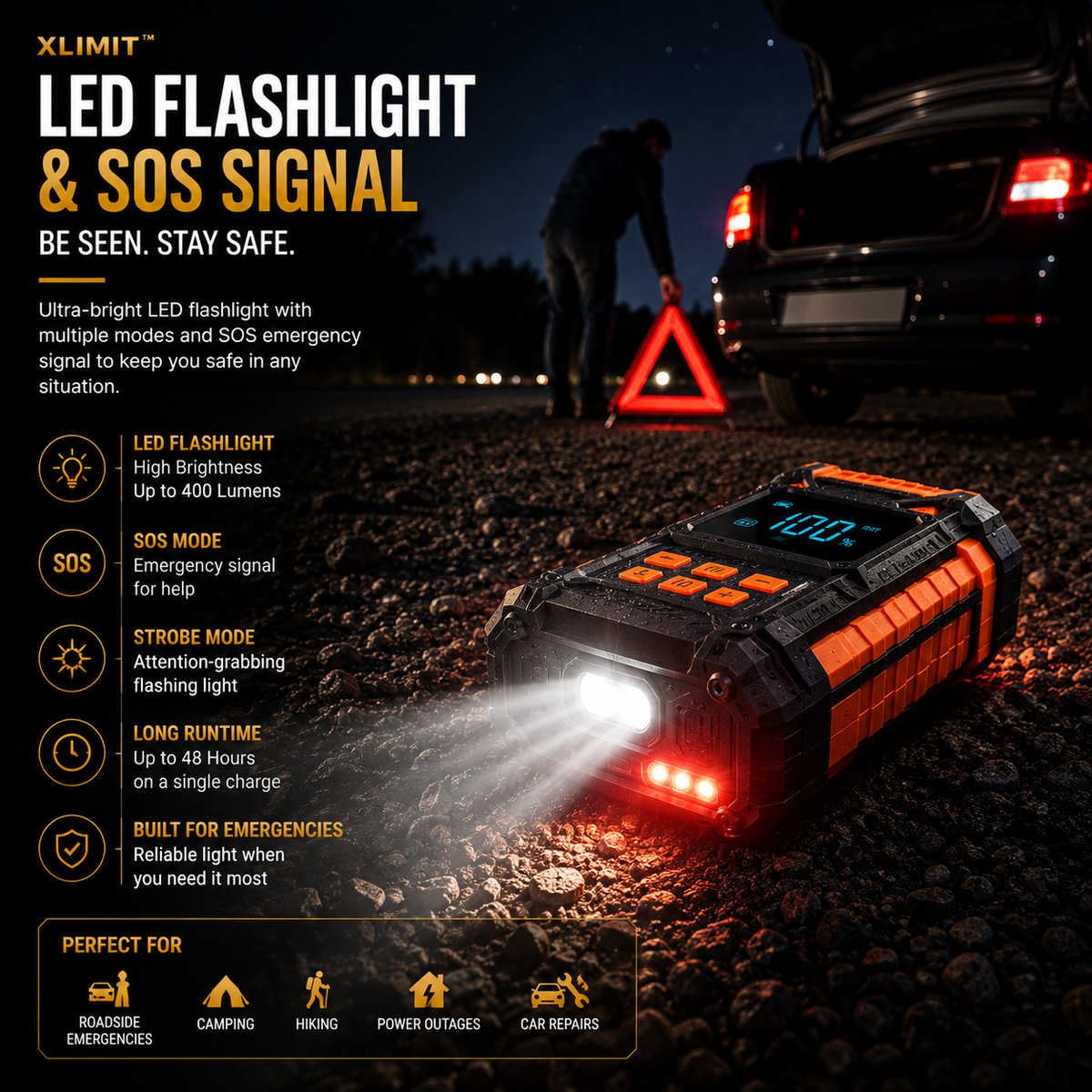 XLIMIT™ LED flashlight and SOS emergency signal for roadside visibility