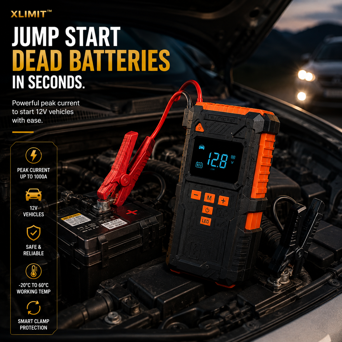 XLIMIT™ portable car jump starter connected to a vehicle battery for roadside emergency assistance