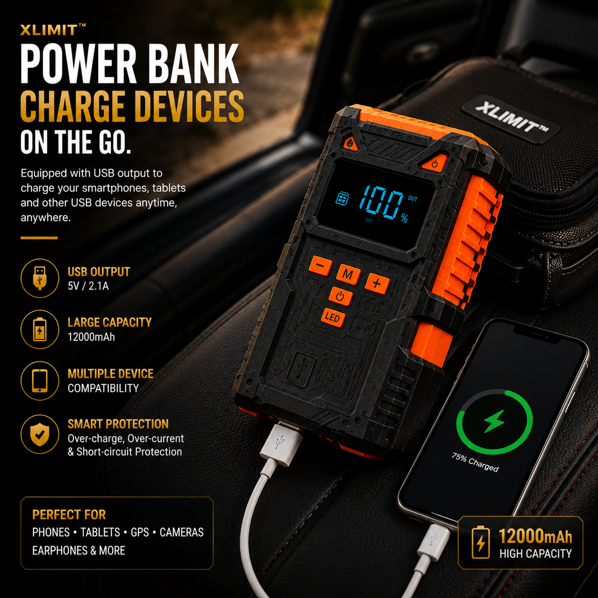 XLIMIT™ portable car emergency power bank charging a smartphone on the go