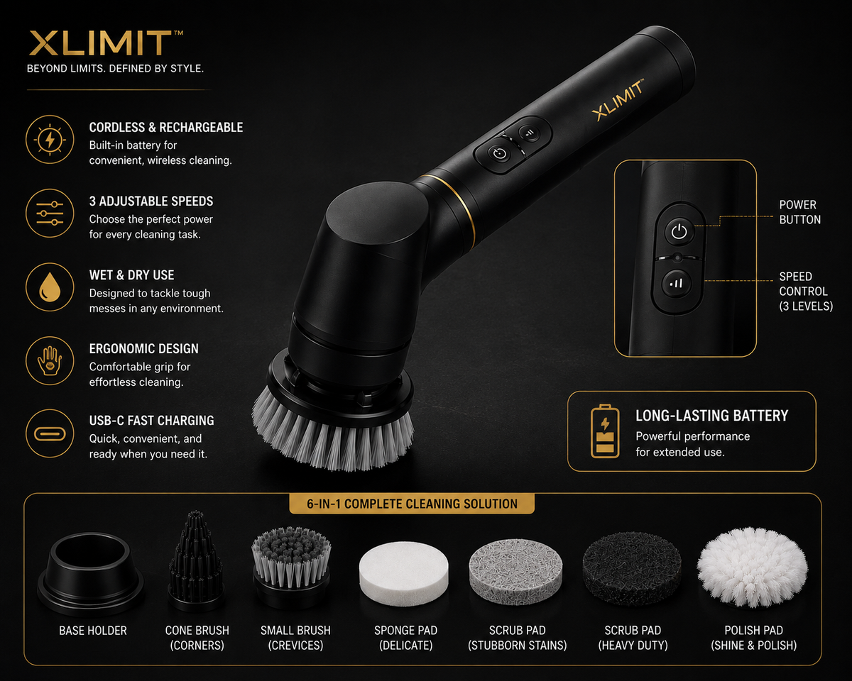 XLIMIT™ PowerScrub Pro 6-in-1 electric cleaning brush with cordless rechargeable design and cleaning attachments