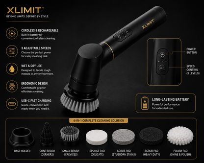 XLIMIT™ PowerScrub Pro 6-in-1 electric cleaning brush with cordless rechargeable design and cleaning attachments