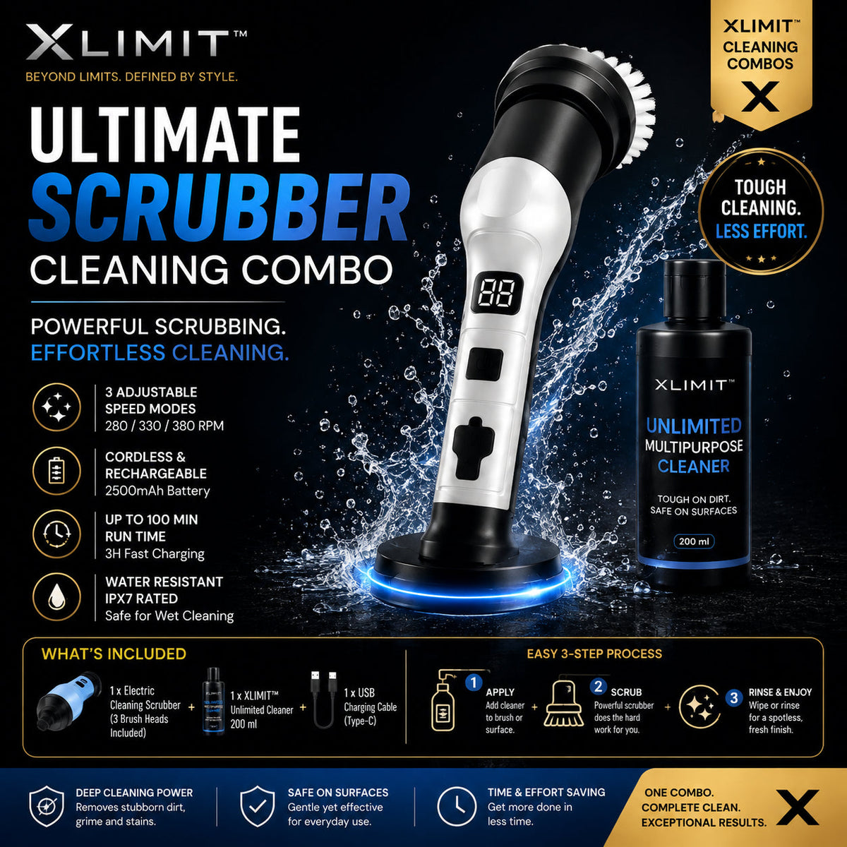 XLIMIT Ultimate Scrubber Cleaning Combo cordless electric scrubber with 200ml Unlimited Multipurpose Cleaner
