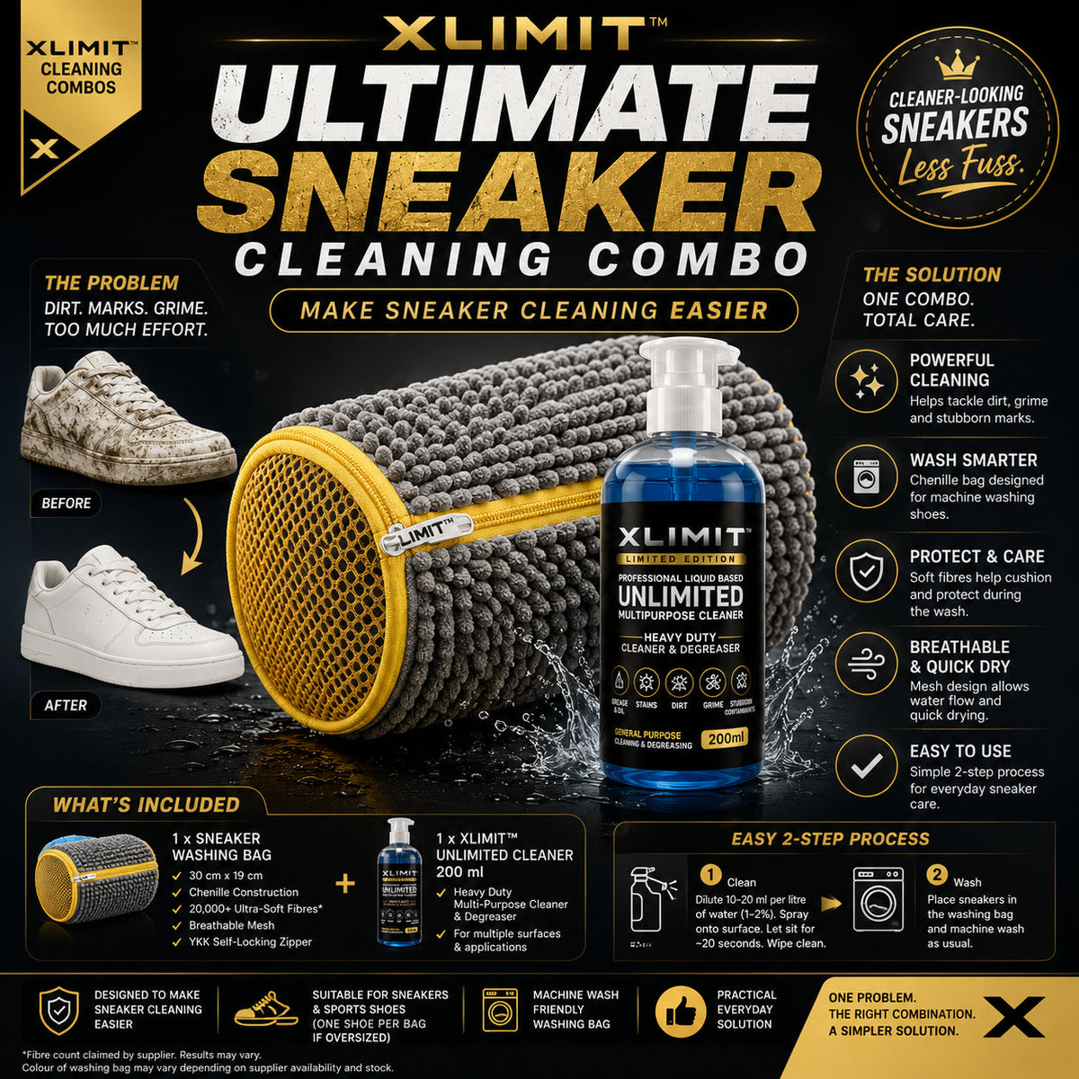 XLIMIT Ultimate Sneaker Cleaning Combo with 200 ml multipurpose cleaner and chenille sneaker washing bag for easier sneaker care